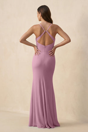 Cami Strap Sheath Chiffon Bridesmaid Dress with Slit in Vintage Mauve - SHE IS ME Bridesmaid Dresses