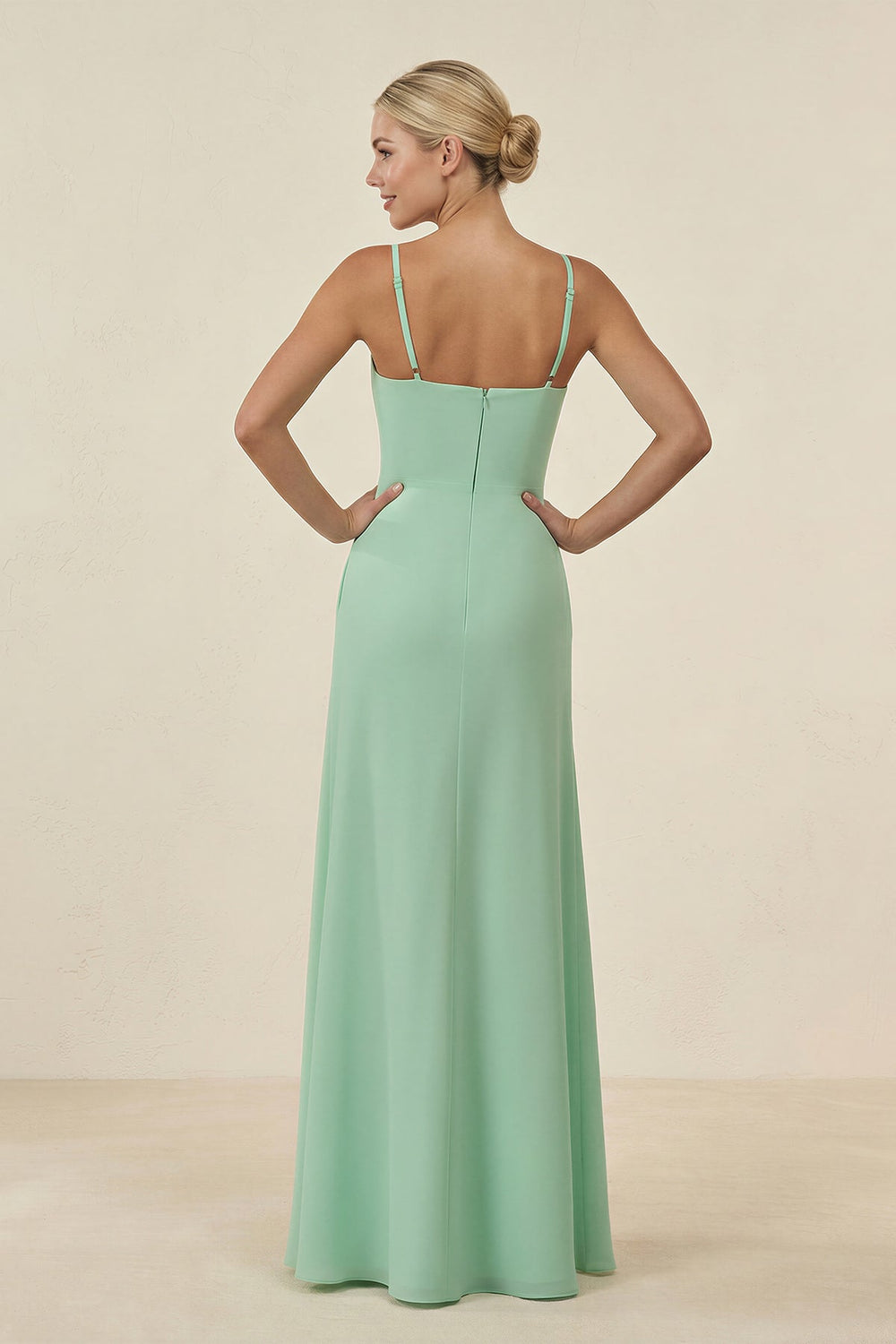 Cami Strap Chiffon Sheath Bridesmaid Gown in Pale Pistachio - SHE IS ME BRIDESMAID DRESSES