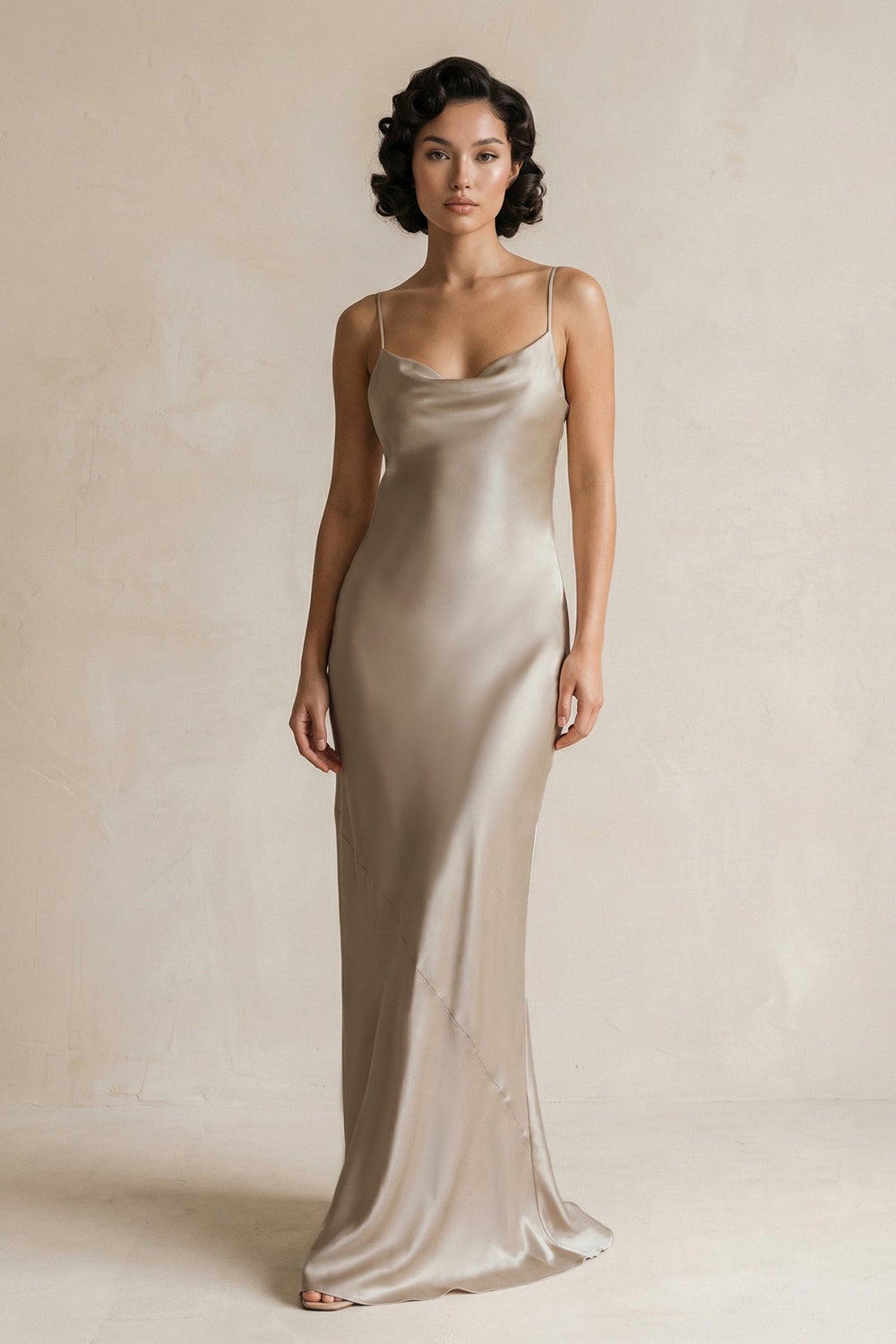 Cami Strap Sheath Satin Bridesmaid Dress in Almond - SHE IS ME Bridesmaid Dresses