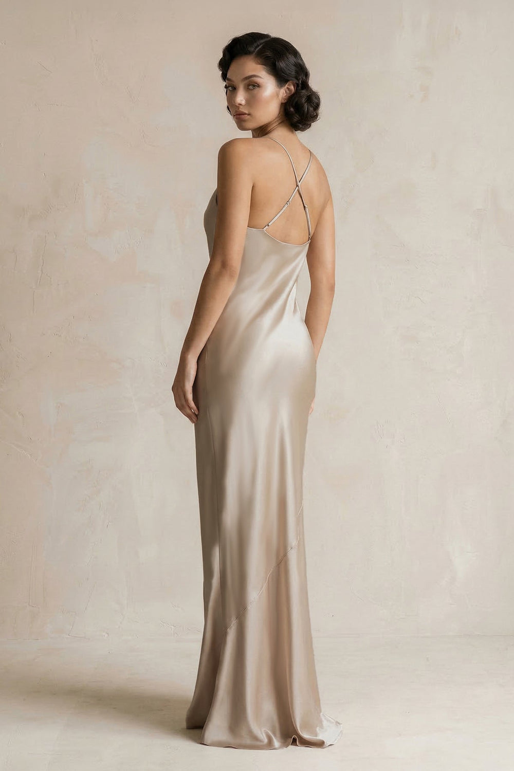 Cami Strap Sheath Satin Bridesmaid Dress in Almond - SHE IS ME Bridesmaid Dresses