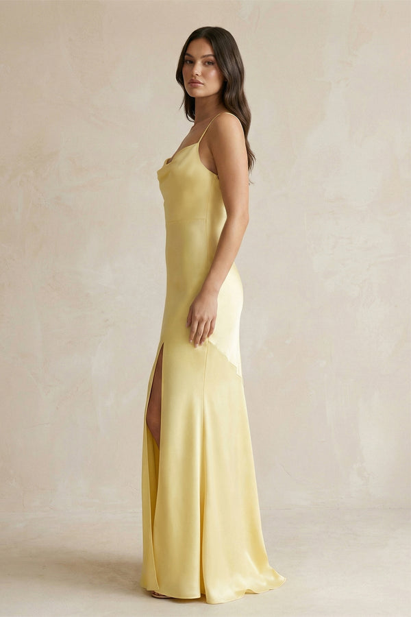 Cami Strap Sheath Satin Bridesmaid Dress With Slit in Pastel Yellow - SHE IS ME Bridesmaid Dresses