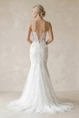 Cami Straps Mermaid Tulle Appliqued Wedding Dress in White - SHE IS ME Wedding Dresses