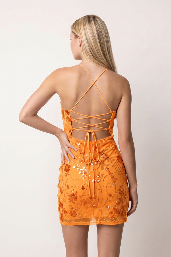 Orange Cami Straps Sheath Floral Embroidery Tulle Homecoming Dress (2) | SHEISME