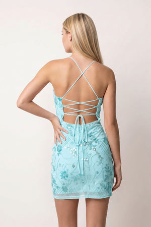 Blue Cami Straps Sheath Floral Embroidery Tulle Homecoming Dress (2) | SHEISME
