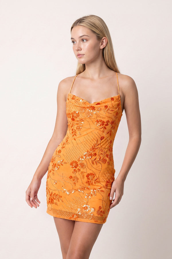 Orange Cami Straps Sheath Floral Embroidery Tulle Homecoming Dress | SHEISME