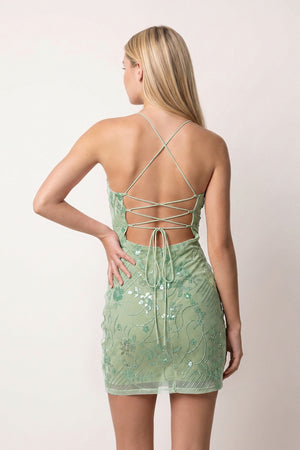 Sage Green Cami Straps Sheath Floral Embroidery Tulle Homecoming Dress (2) | SHEISME