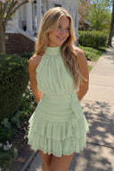 Sage Green Halter Chiffon Tiered Ruffled A-Line Homecoming Dress | SHEISME