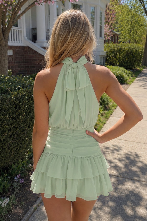 Sage Green Halter Chiffon Tiered Ruffled A-Line Homecoming Dress | SHEISME