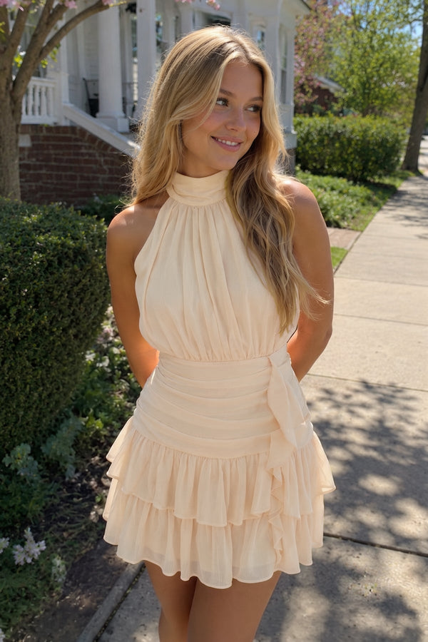 Champagne Halter Chiffon Tiered Ruffled A-Line Homecoming Dress | SHEISME