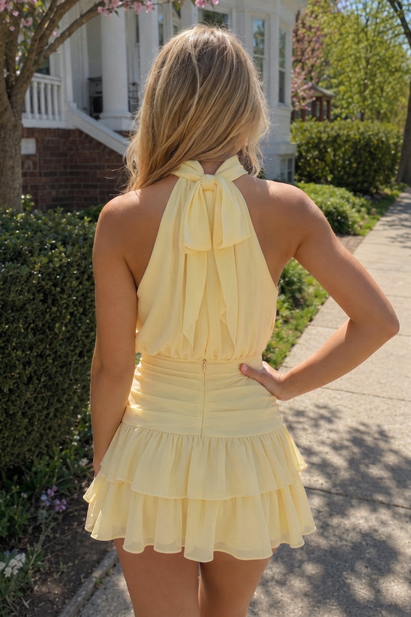 Yellow Halter Chiffon Tiered Ruffled A-Line Homecoming Dress | SHEISME