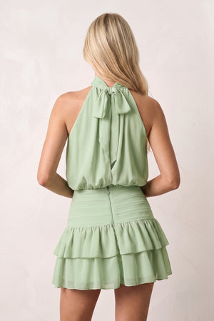 Sage Green Halter Chiffon Tiered Ruffled A-Line Homecoming Dress | SHEISME