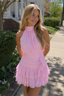 Candy Pink Halter Chiffon Tiered Ruffled A-Line Homecoming Dress | SHEISME
