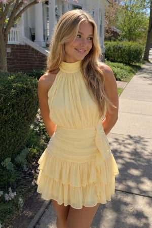 Yellow Halter Chiffon Tiered Ruffled A-Line Homecoming Dress | SHEISME