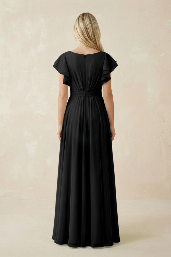 Cap Sleeve Ruffled A - Line Chiffon Bridesmaid Dress in Black - SHE IS ME Bridesmaid Dresses