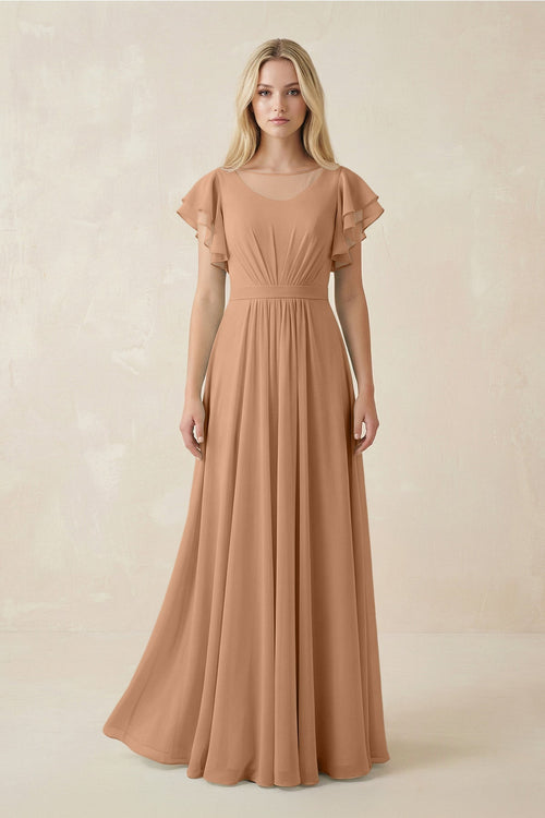 Cap Sleeve Ruffled A - Line Chiffon Bridesmaid Dress in Bronzer - SHE IS ME Bridesmaid Dresses