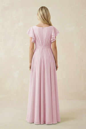 Cap Sleeve Ruffled A - Line Chiffon Bridesmaid Dress in Candy Pink - SHE IS ME Bridesmaid Dresses