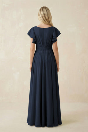 Cap Sleeve Ruffled A - Line Chiffon Bridesmaid Dress in Dark Navy - SHE IS ME Bridesmaid Dresses