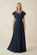 Cap Sleeve Ruffled A - Line Chiffon Bridesmaid Dress in Dark Navy - SHE IS ME Bridesmaid Dresses