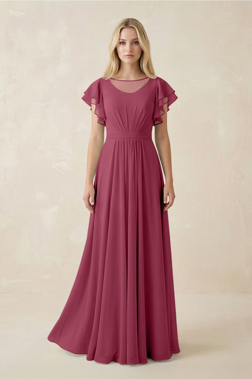 Cap Sleeve Ruffled A - Line Chiffon Bridesmaid Dress in Desert Rose - SHE IS ME Bridesmaid Dresses