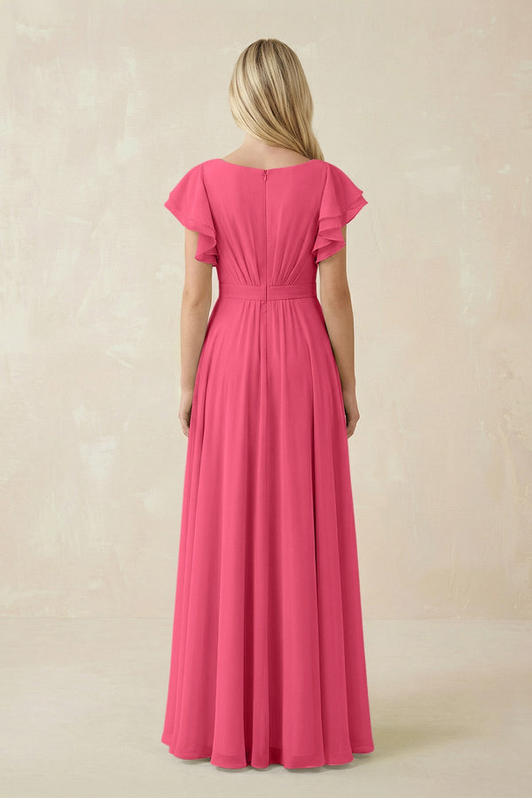 Cap Sleeve Ruffled A - Line Chiffon Bridesmaid Dress in Fuchsia - SHE IS ME Bridesmaid Dresses