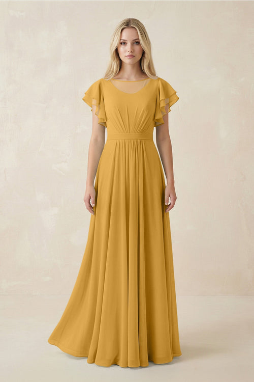 Cap Sleeve Ruffled A - Line Chiffon Bridesmaid Dress in Marigold - SHE IS ME Bridesmaid Dresses