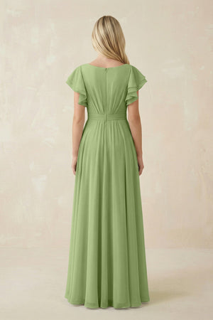 Cap Sleeve Ruffled A - Line Chiffon Bridesmaid Dress in Matcha - SHE IS ME Bridesmaid Dresses
