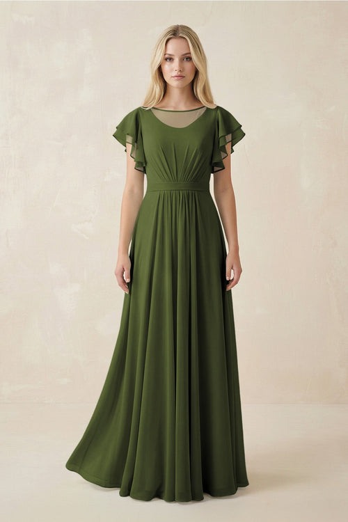 Cap Sleeve Ruffled A - Line Chiffon Bridesmaid Dress in Olive - SHE IS ME Bridesmaid Dresses