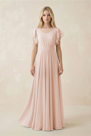 Cap Sleeve Ruffled A - Line Chiffon Bridesmaid Dress in Pale Blush - SHE IS ME Bridesmaid Dresses