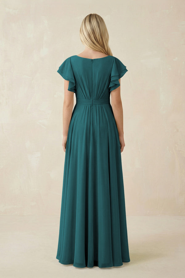 Cap Sleeve Ruffled A - Line Chiffon Bridesmaid Dress in Pine - SHE IS ME Bridesmaid Dresses