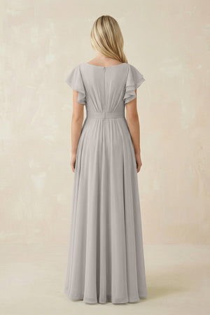Cap Sleeve Ruffled A - Line Chiffon Bridesmaid Dress in Silver - SHE IS ME Bridesmaid Dresses