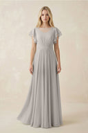 Cap Sleeve Ruffled A - Line Chiffon Bridesmaid Dress in Silver - SHE IS ME Bridesmaid Dresses