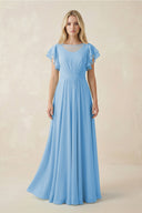 Cap Sleeve Ruffled A - Line Chiffon Bridesmaid Dress in Steel Blue - SHE IS ME Bridesmaid Dresses