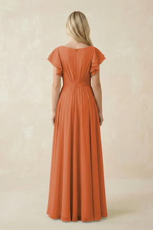 Cap Sleeve Ruffled A - Line Chiffon Bridesmaid Dress in Terracotta - SHE IS ME Bridesmaid Dresses