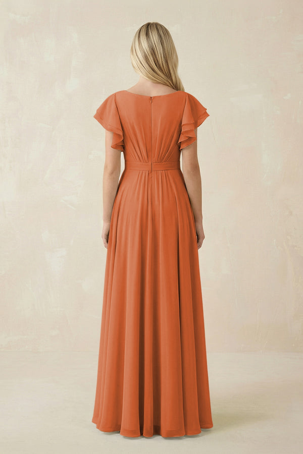 Cap Sleeve Ruffled A - Line Chiffon Bridesmaid Dress in Terracotta - SHE IS ME Bridesmaid Dresses
