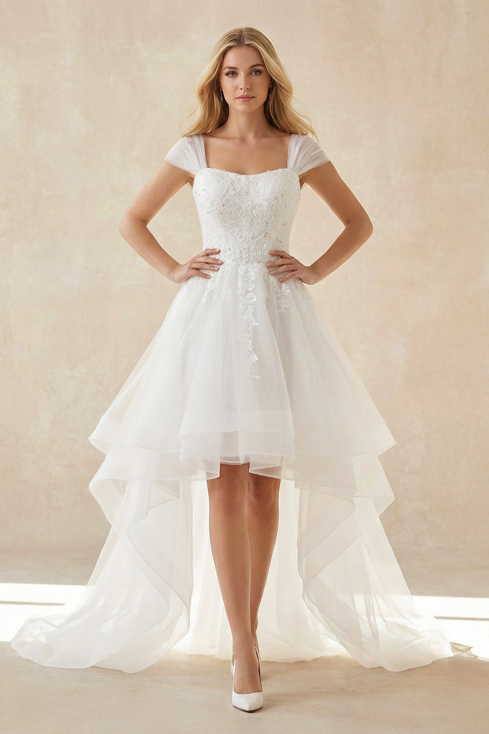 Cap Sleeves Organza High - Low Appliqued Wedding Dress in White - SHE IS ME Wedding Dresses