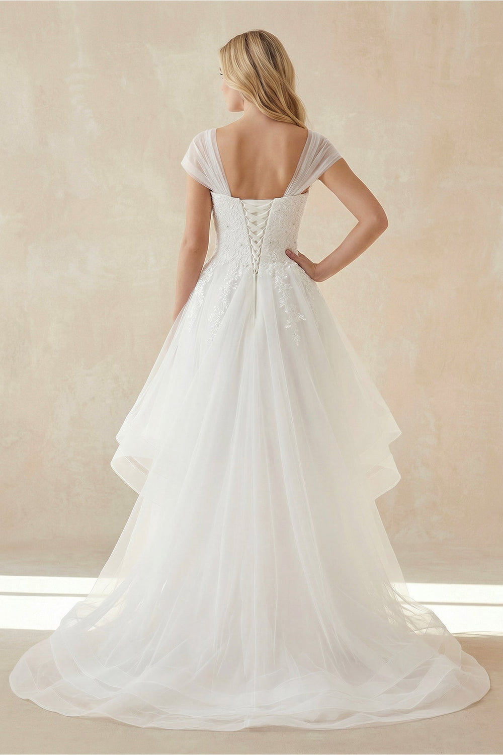 Cap Sleeves Organza High - Low Appliqued Wedding Dress in White - SHE IS ME Wedding Dresses