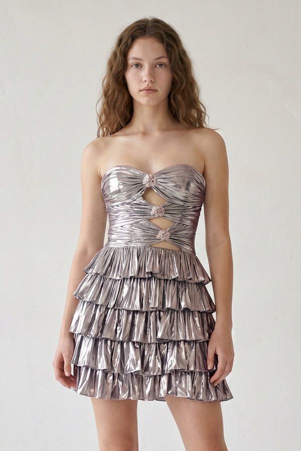 Silver Strapless A Line Metallic Tiered Homecoming Dress With Beading-SHEISME