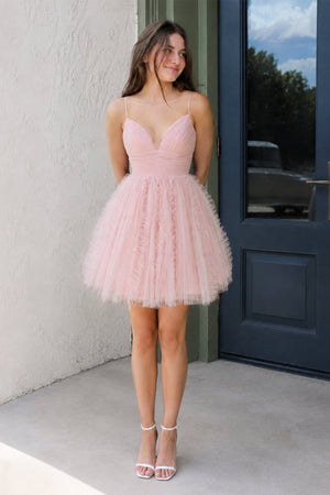 Pink Straps A-line Short Tulle Ruched Homecoming Dress - SHEISME