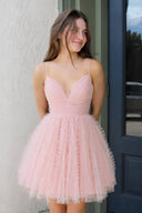 Pink Straps A-line Short Tulle Ruched Homecoming Dress - SHEISME