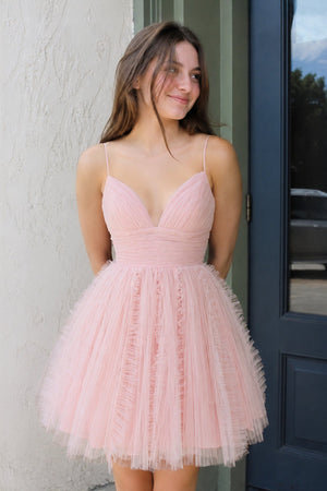 Pink Straps A-line Short Tulle Ruched Homecoming Dress - SHEISME