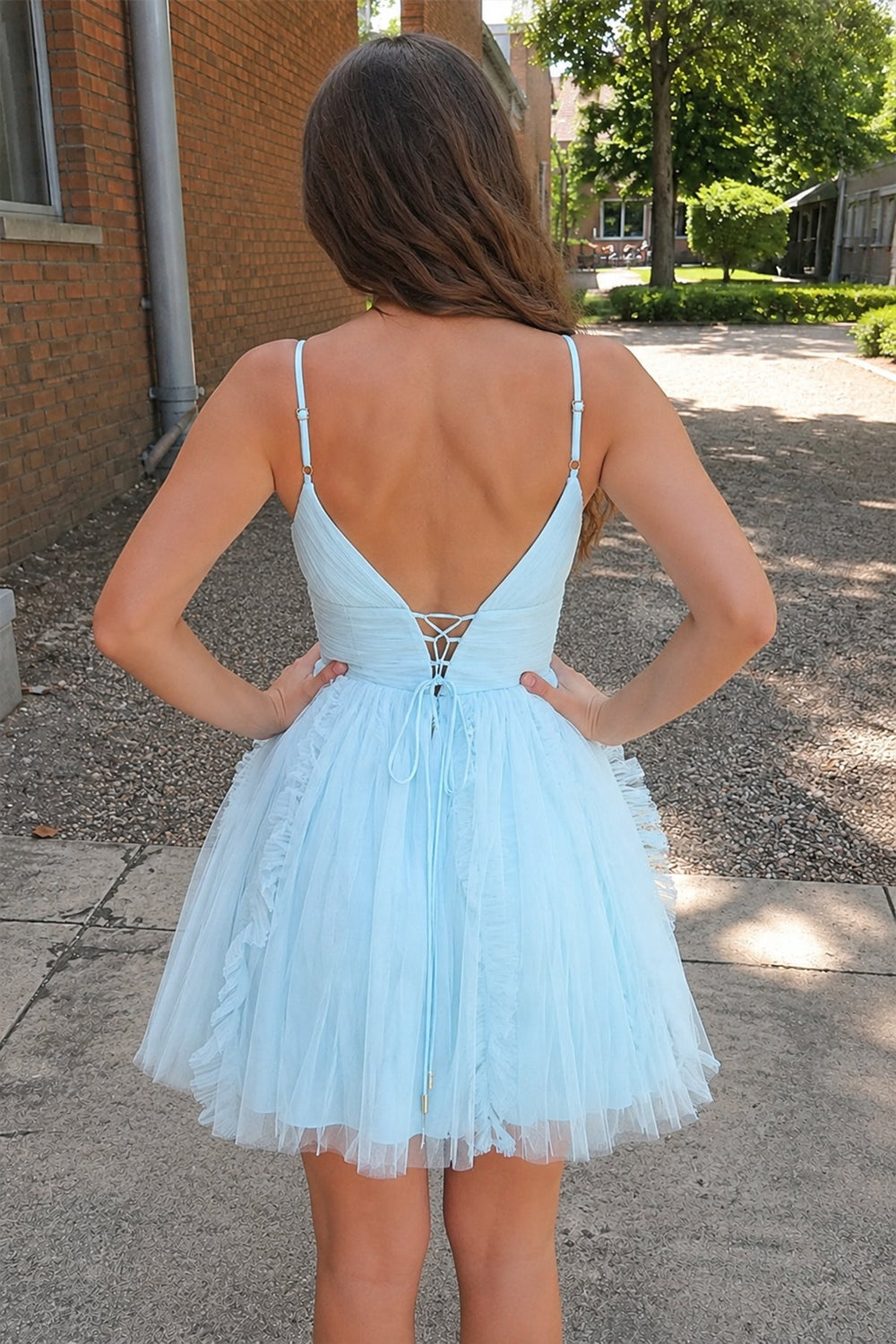 Sky Blue Straps A-line Short Tulle Ruched Homecoming Dress - SHEISME 