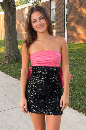 Celestia | Sheath Strapless Sequined Black Bow Homecoming Dress