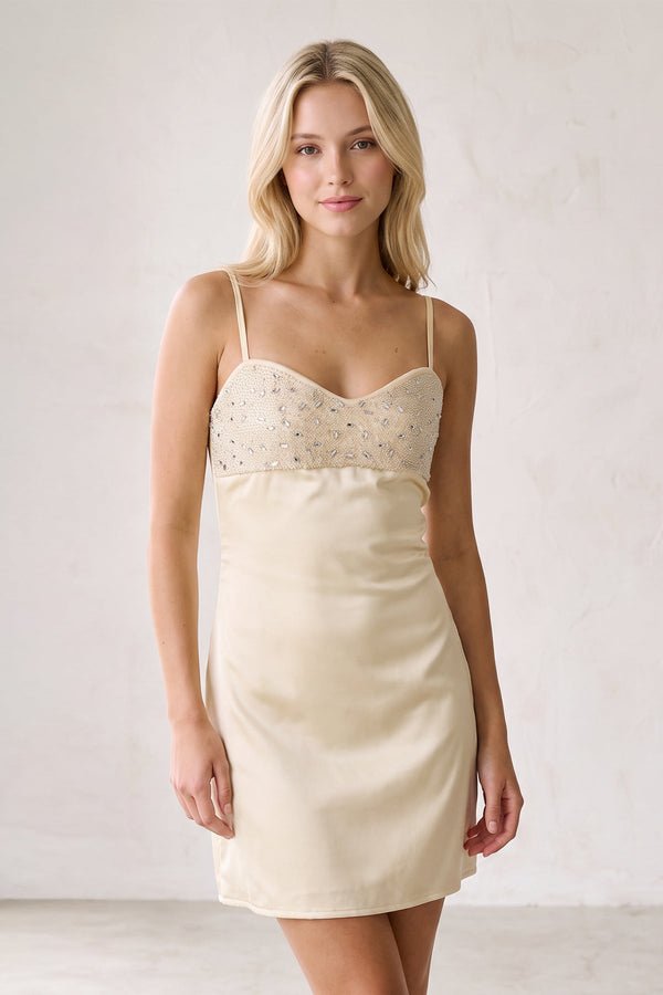 Champagne Spaghetti Straps Sheath Rhinestones Satin Homecoming Dress with Tie Back (3) | SHEISME