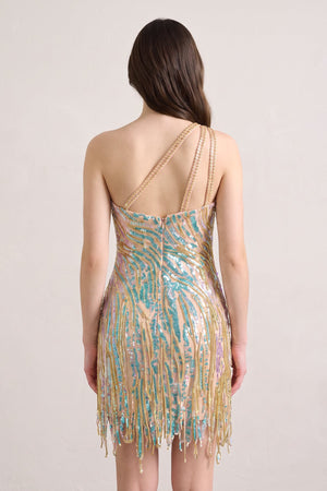 Champagne Sparkly One Shoulder Sequins Mini Party Dresses with Fringes (2) | SHEISME