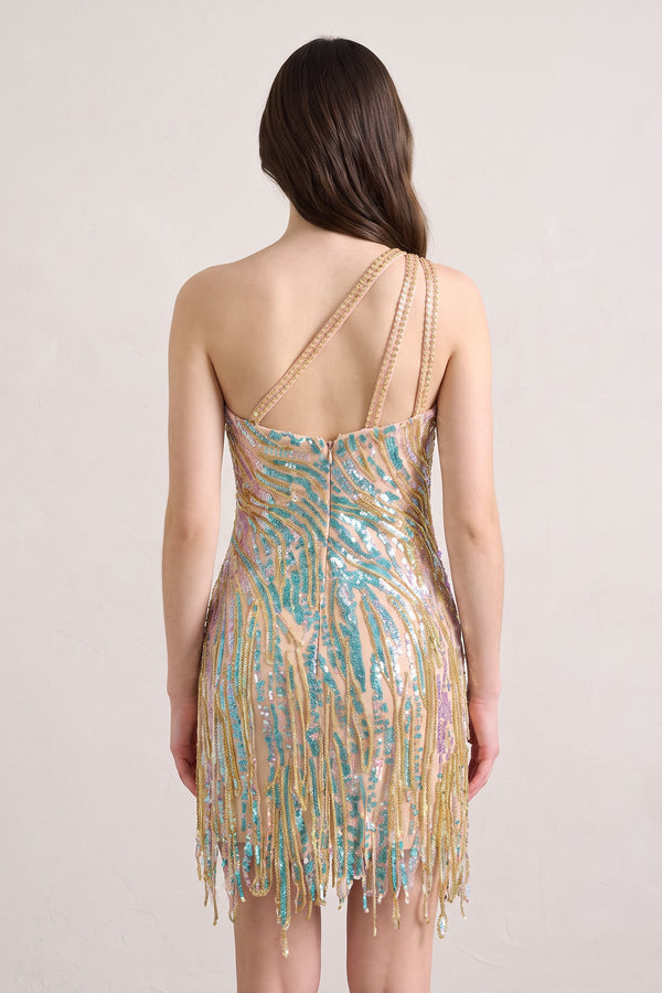 Champagne Sparkly One Shoulder Sequins Mini Party Dresses with Fringes (2) | SHEISME