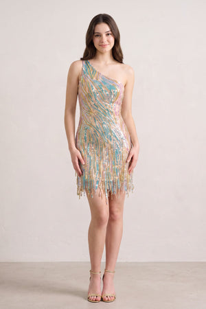 Champagne Sparkly One Shoulder Sequins Mini Party Dresses with Fringes (3) | SHEISME