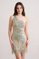 Champagne Sparkly One Shoulder Sequins Mini Party Dresses with Fringes | SHEISME