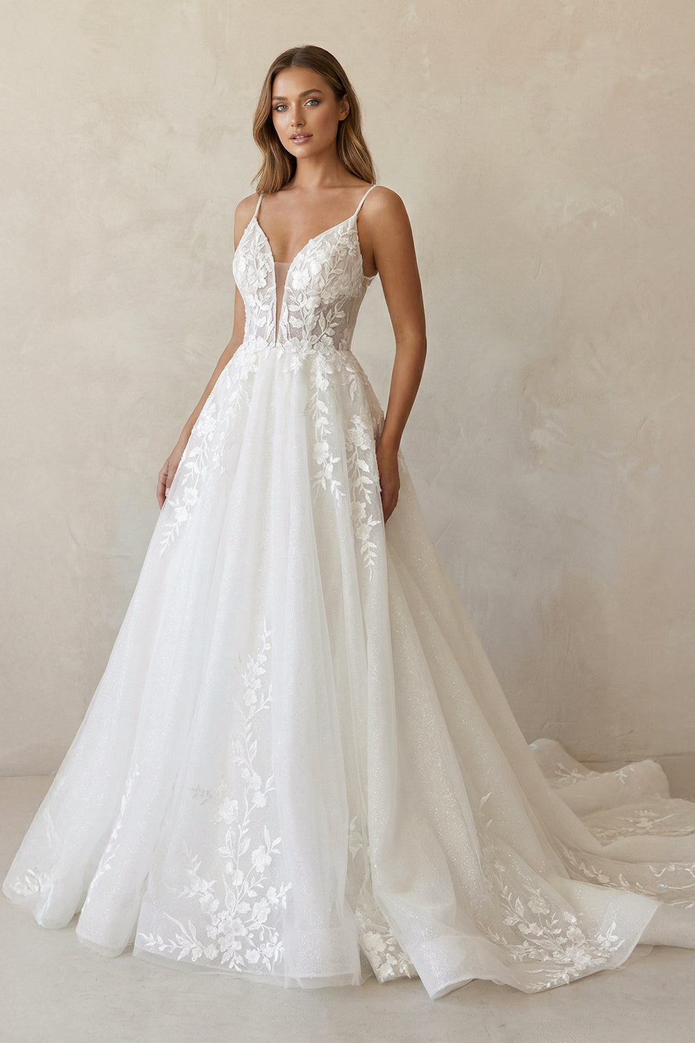 A Line V Neck Tulle Wedding Dresses with Appliques in White - SHE IS ME WEDDING DRESSES