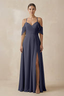 Chiffon A - Line Long Bridesmaid Dress in Dusk Blue - SHE IS ME Bridesmaid Dresses