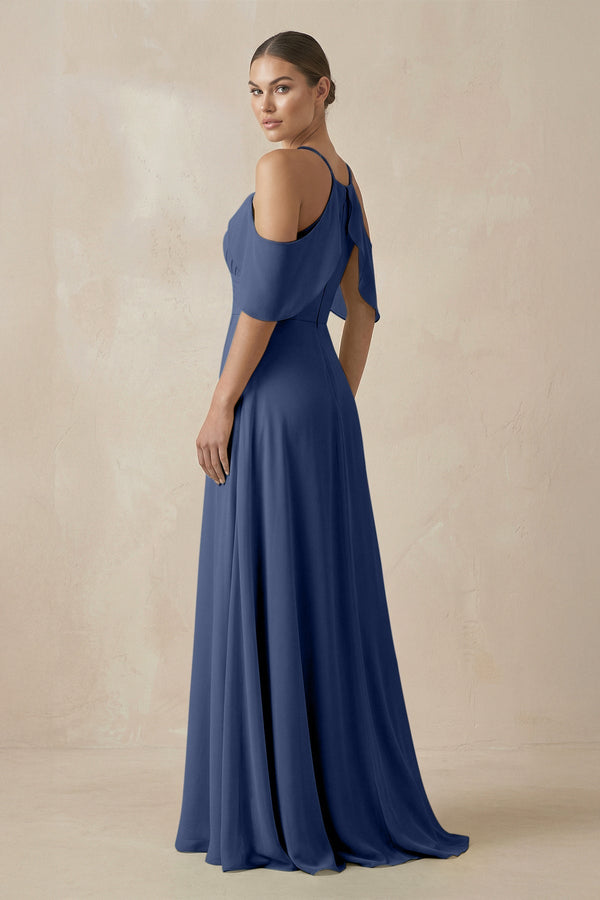 Chiffon A - Line Long Bridesmaid Dress in Navy - SHE IS ME Bridesmaid Dresses